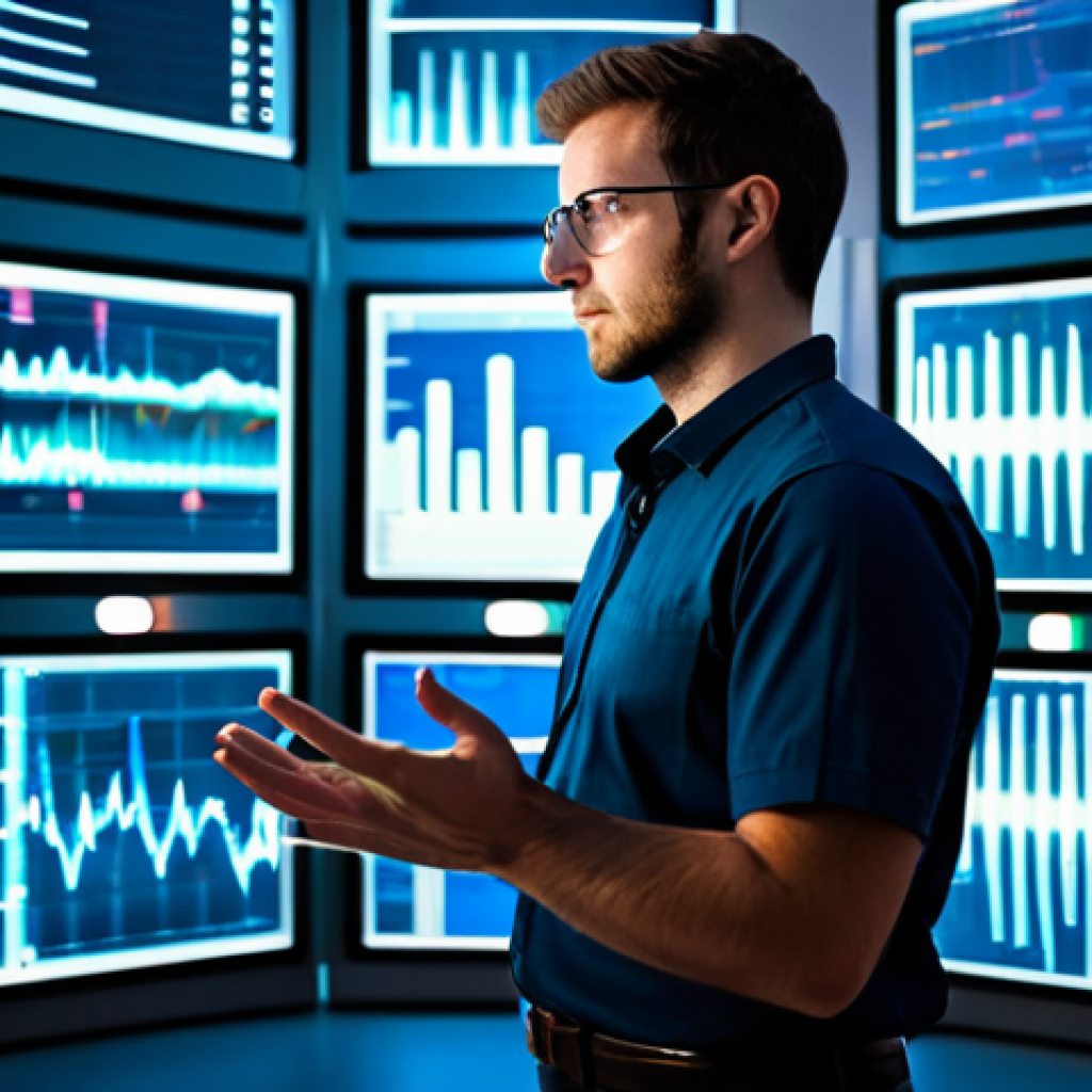 A professional male software engineer, fully clothed in a modest business casual shirt and trousers, stands confidently, looking towards a complex, illuminated holographic projection of a CI/CD pipeline. The projection visualizes data flow and code modules moving smoothly like a dynamic conveyor belt. The engineer's hands are naturally posed, subtly gesturing. The scene is set in a futuristic server room or a high-tech operations center, with racks of servers displaying soft indicator lights and large screens showing abstract data patterns in the background. Perfect anatomy, correct proportions, natural pose, well-formed hands, proper finger count, natural body proportions. Professional photography, sharp focus, vibrant colors, futuristic lighting, safe for work, appropriate content, fully clothed, professional dress, family-friendly.