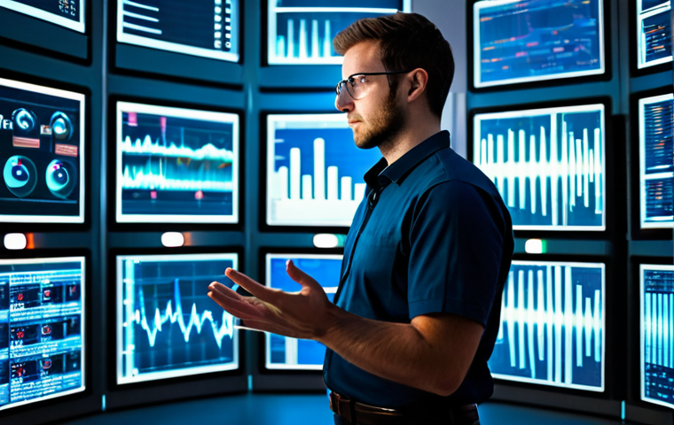 A professional male software engineer, fully clothed in a modest business casual shirt and trousers, stands confidently, looking towards a complex, illuminated holographic projection of a CI/CD pipeline. The projection visualizes data flow and code modules moving smoothly like a dynamic conveyor belt. The engineer's hands are naturally posed, subtly gesturing. The scene is set in a futuristic server room or a high-tech operations center, with racks of servers displaying soft indicator lights and large screens showing abstract data patterns in the background. Perfect anatomy, correct proportions, natural pose, well-formed hands, proper finger count, natural body proportions. Professional photography, sharp focus, vibrant colors, futuristic lighting, safe for work, appropriate content, fully clothed, professional dress, family-friendly.
