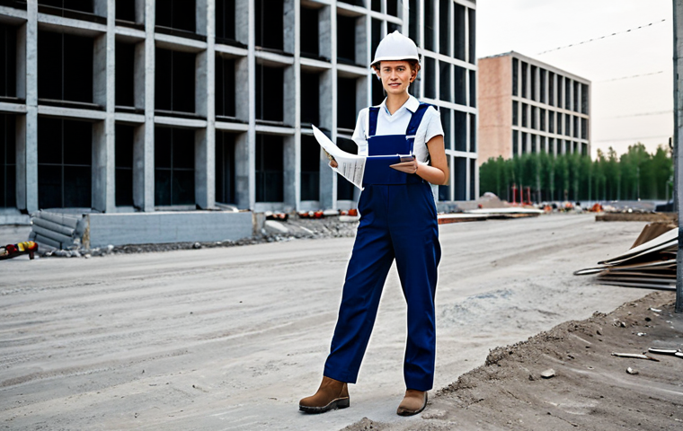 **

"A stylish woman in her late 20s, a professional architect, standing on a construction site in Moscow, wearing a practical yet fashionable dark blue jumpsuit and sturdy boots, holding a blueprint, modern architecture visible in the background, safe for work, appropriate content, fully clothed, professional, perfect anatomy, natural pose, high-resolution photograph, realistic lighting, safe for work."

**