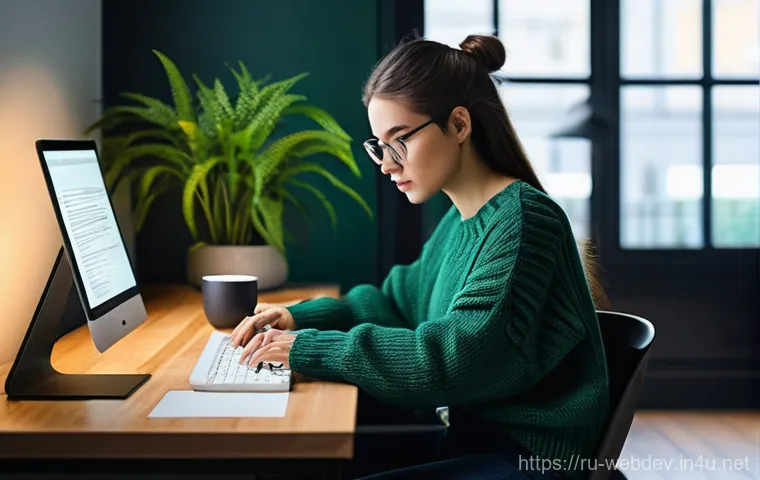 웹개발자 라이브러리 관리 - **Prompt 1: Focused Coder in a Modern Workspace**
A young woman in her early twenties, with a fo...