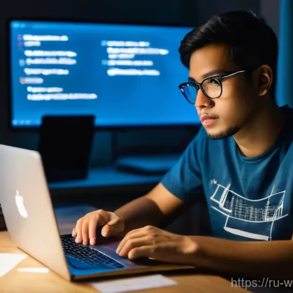 웹개발자 대기업 이직 - **Prompt:** A young, determined software developer, dressed casually in a t-shirt and jeans, intense...