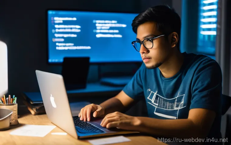 웹개발자 대기업 이직 - **Prompt:** A young, determined software developer, dressed casually in a t-shirt and jeans, intense...
