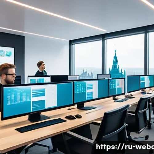Home 31 웹개발자 인공지능 기술 - A modern web development office scene showing a diverse team of software engineers collaborating on ...