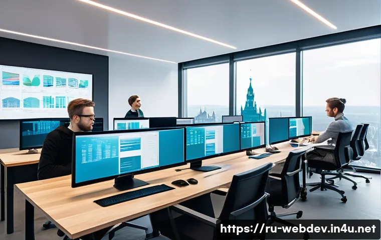 웹개발자 인공지능 기술 - A modern web development office scene showing a diverse team of software engineers collaborating on ...