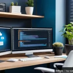 Home 18 웹개발자 클라우드 서비스 활용 - A modern web developer working at a sleek desk with multiple large monitors displaying cloud infrast...