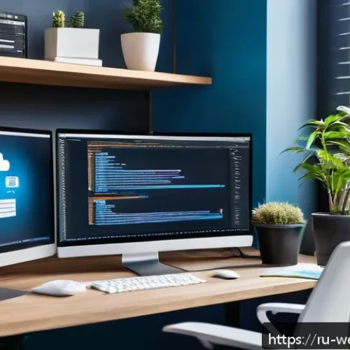 Home 30 웹개발자 클라우드 서비스 활용 - A modern web developer working at a sleek desk with multiple large monitors displaying cloud infrast...