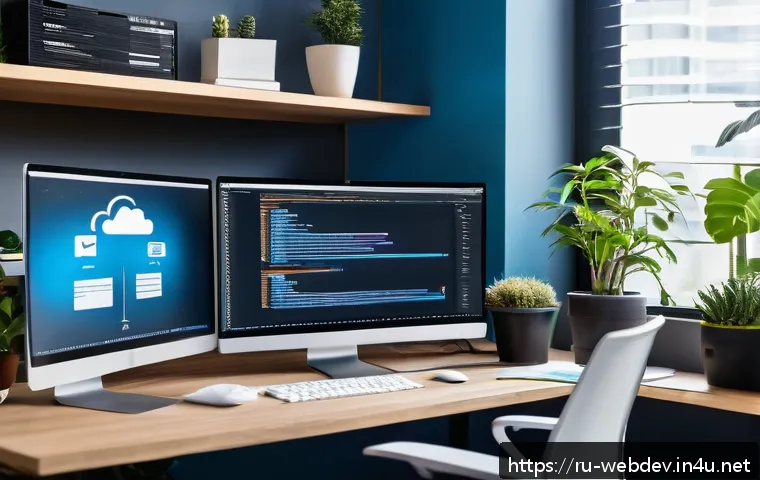 웹개발자 클라우드 서비스 활용 - A modern web developer working at a sleek desk with multiple large monitors displaying cloud infrast...