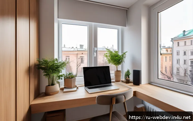웹개발자 리모트 워크 - A cozy and ergonomic home office corner designed for a remote developer in a Russian apartment, feat...