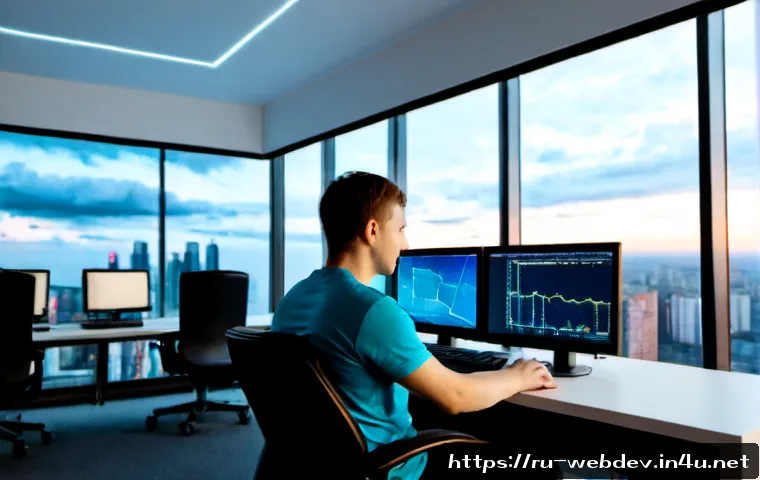 웹개발자 클라우드 인프라 활용 - Photorealistic modern Moscow technology office at blue hour, a Russian web developer in smart casual...