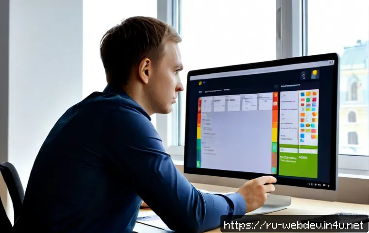웹개발자 프로젝트 관리 경험 - Photorealistic Russian web developer project manager reviewing a visual sprint board on a large moni...