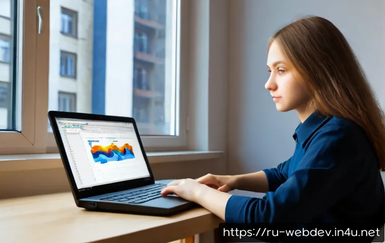 Home 17 웹개발자 실습 기반 학습 - Photorealistic young Russian web development student practicing on a laptop at a tidy apartment desk...