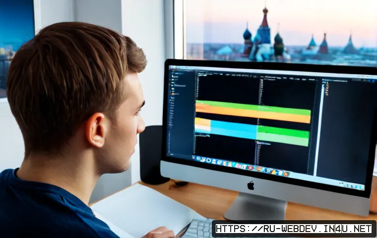 웹개발자 최신 라이브러리 - Photorealistic modern web developer workspace in Moscow, focused on a Russian software engineer revi...
