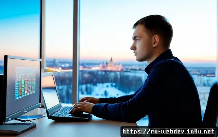 웹개발자 백엔드 기술 - Photorealistic backend web developer at a clean modern desk in Moscow, focused on a large monitor sh...